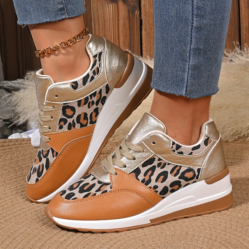 Leopard Wedge Sneakers Women Spring 2025 Chunky Platform Lace Up Vulcanized Shoes Woman Plus Size 43 Casual Shoes Trainers Mujer
