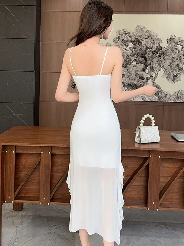 2025 grün Mesh Patchwork Sheer Sexy Rüschen Schlitz Langes Kleid Frauen Elegante Casual Sling Kleid Sommer Koreanische Bodycon Nacht Kleid