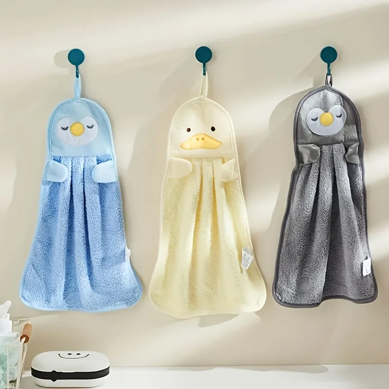

3-Pack Cute Cartoon Hand Towels – Penguin & Duck Design, Super Soft Absorbent Coral Fleece Washcloths