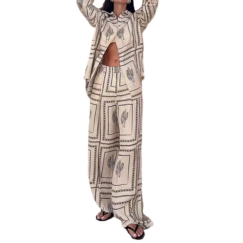 2025 European and American Women's Clothing Printed Long-sleeved Shirt Wide-leg Pants Lazy Style Fashion Suit Loungewear