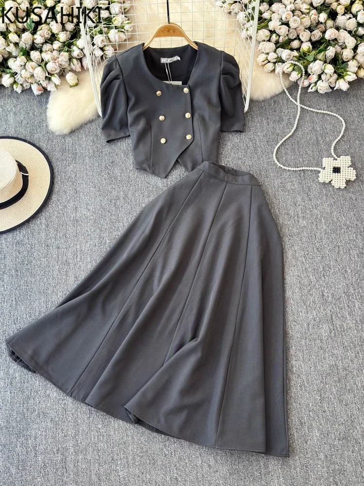 

KUSAHIKI Women's Double Breasted Short Sleeved Top Medium Long A-line Skirt Korean Solid Color Two Piece Set