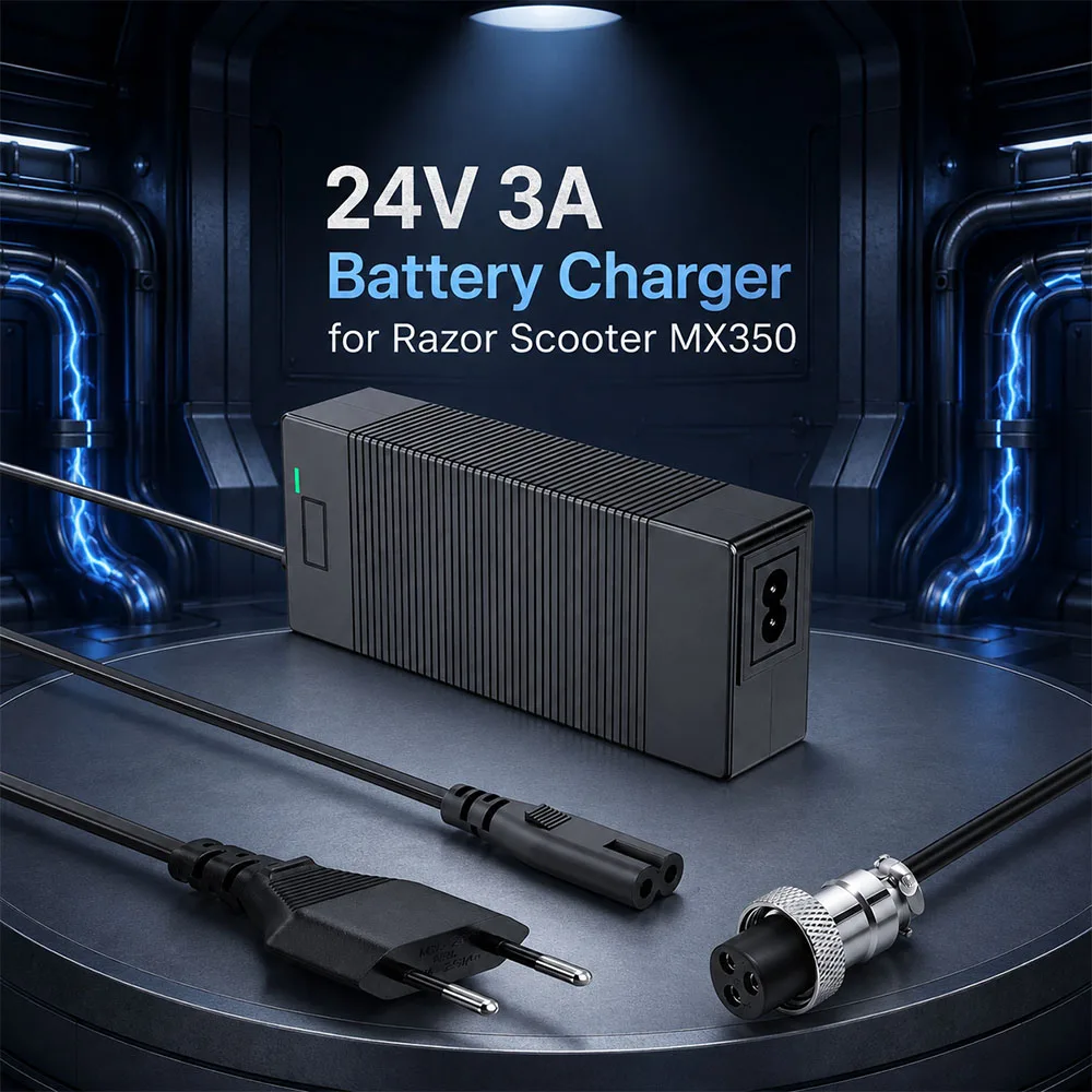 24V 3A Battery Charger for Razor MX350 MX400 E100 E125 E150 E175 E200 E300 E500 Pocket Mod Dirt Quad Crazy Cart 3-Pin Plug Cable