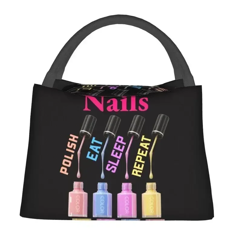 Nails Polish Eat Sleep Repeat Insulated Lunch Bag for Women Portable Tech Funny Quotes Thermal Cooler Lunch Box Picnic Travel