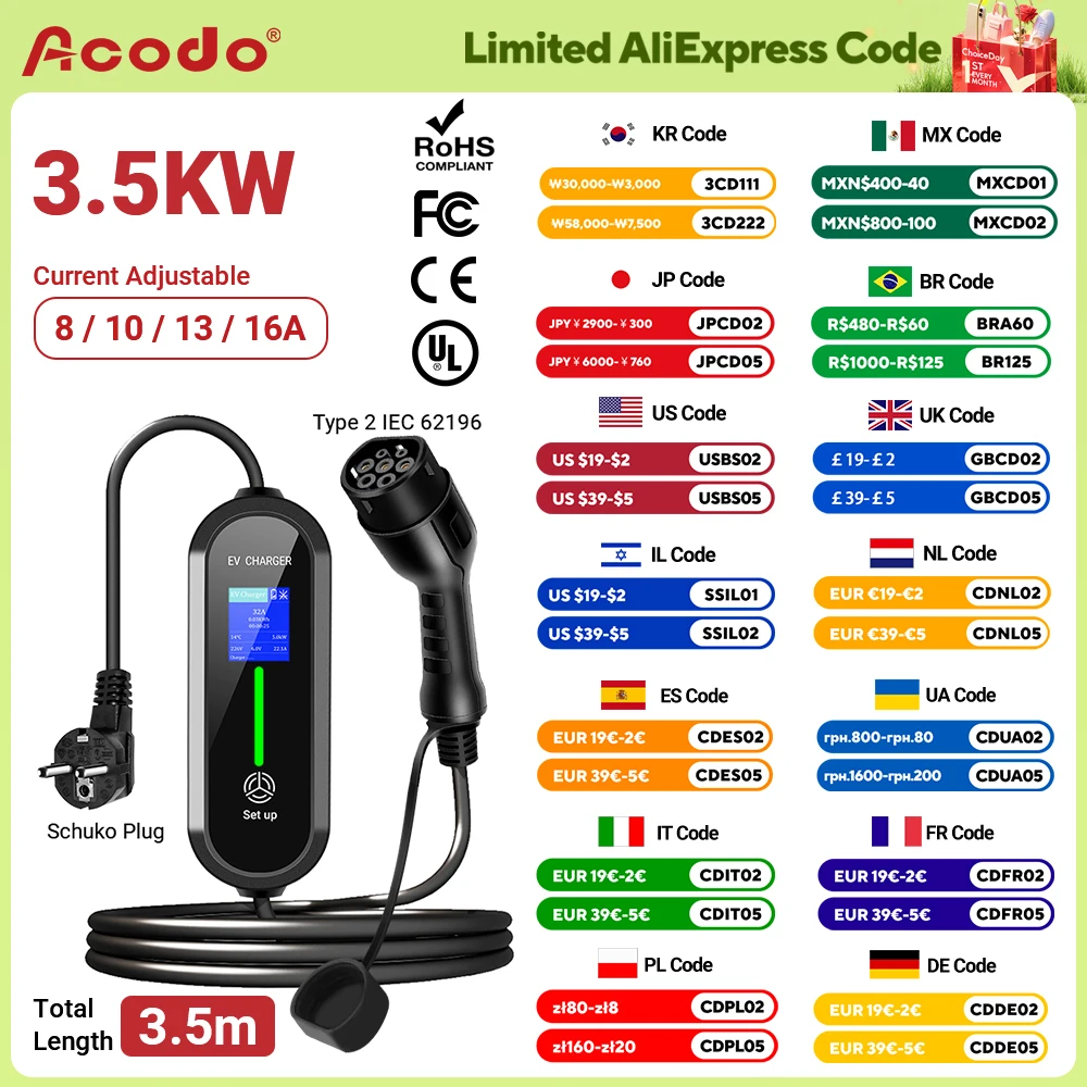 ACODO EV-oplader Type 2 16A 3,5 kW GBT elektrische auto 3,5 m oplaadkabel J1772 Type 1 Wallbox voor elektrische voertuigauto Aangepaste stekker