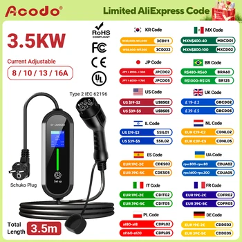 ACODO EV-oplader Type 2 16A 3,5 kW GBT elektrische auto 3,5 m oplaadkabel J1772 Type 1 Wallbox voor elektrische voertuigauto Aangepaste stekker