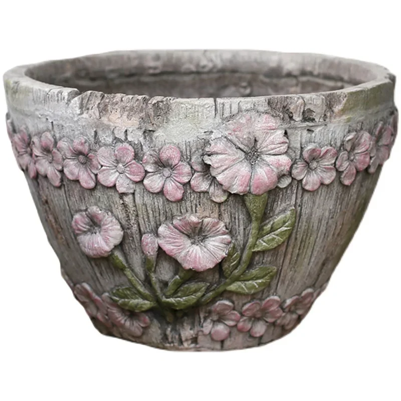 Embossed Large Flower Hand-Painted Flower Pot Imitation Wooden Bucket Garden Large Caliber Retro Old Pile Succulents