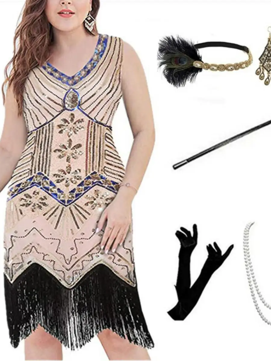 

Женские большие размеры 920-х годов в стиле ретро с блестками Par Dinner с v-образным вырезом и кисточками Dr, лето 2025, полиэстер, без фирменных тренировок...