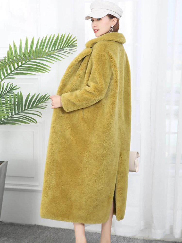 Nerazzurri Winter Long Warm Fluffy Real Fur Coat Cocoon Teddy Coat Women Lamb Shearling Overcoat Notched Lapel Korean Fashion