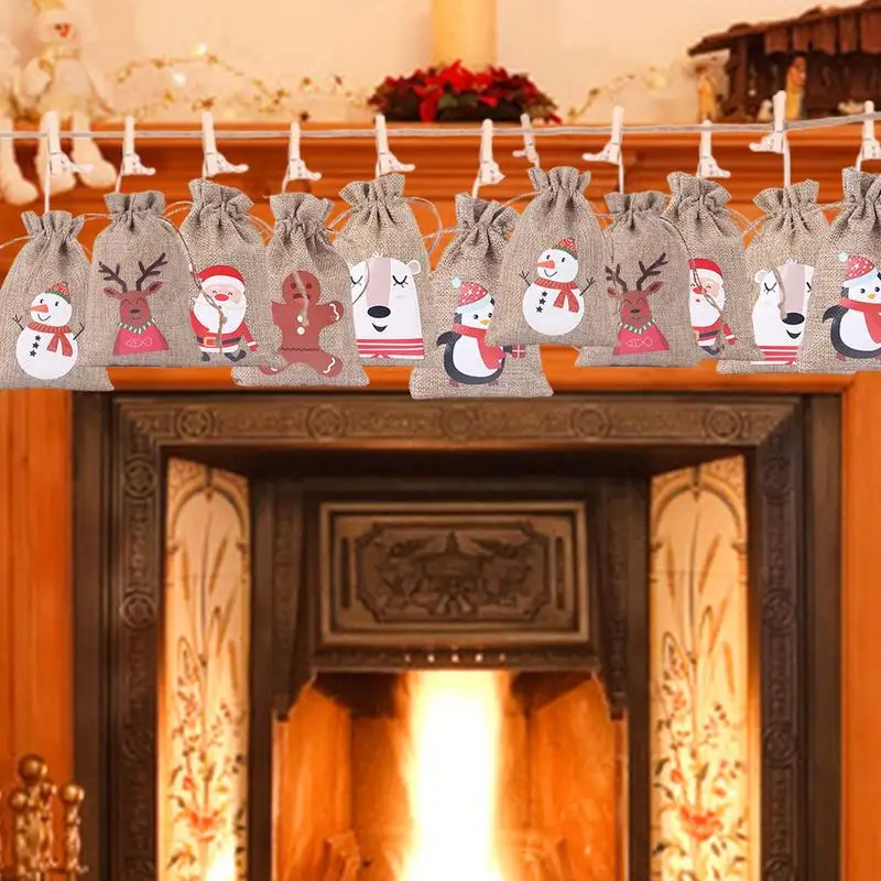 Christmas Advent Calendar Bags 24 Days Christmas Countdown Bags 24pcs Reusable Burlap Advent Bags with 6 Designs