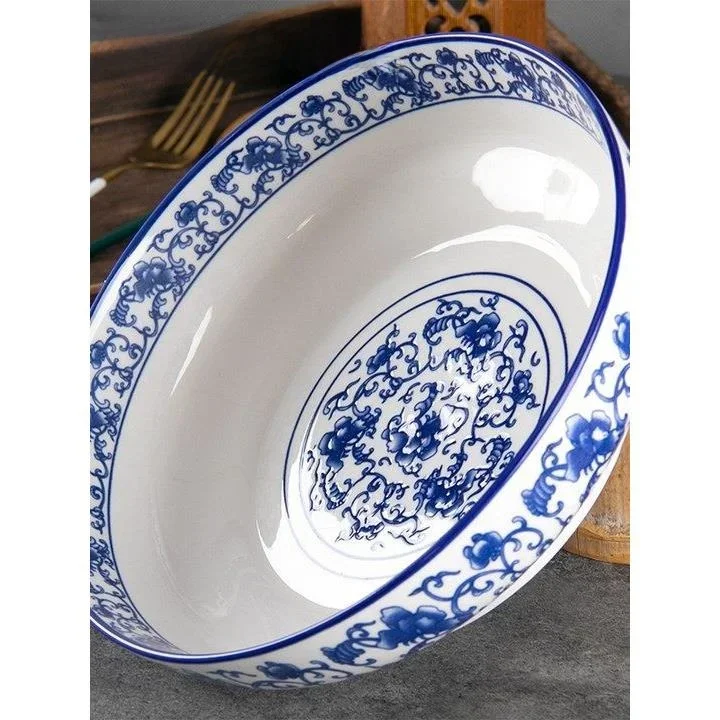 Large 9-Inch Blue And White Porcelain Ceramic Soup Bowl for Boiled Fish And Pickled Cabbage Soup round Shape Floral Pattern