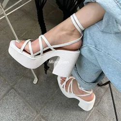 2024 Summer New Thick Heel Sandals with Waterproof Platform Open Toe Cross Strap Women's Fashion Roman Shoes Fashion Sexy Party