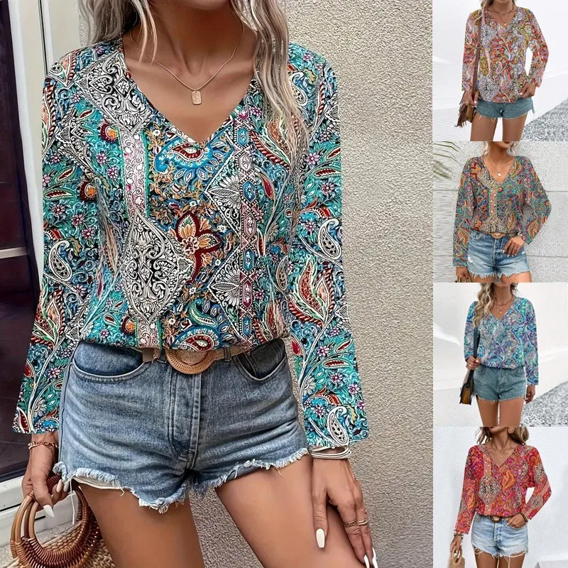 

Women Tops For Woman Blouse V Neck Printed Blouses Boho Style Loose Fit Women's Shirt Floral Pattern Tie Front Long Sleeve Top