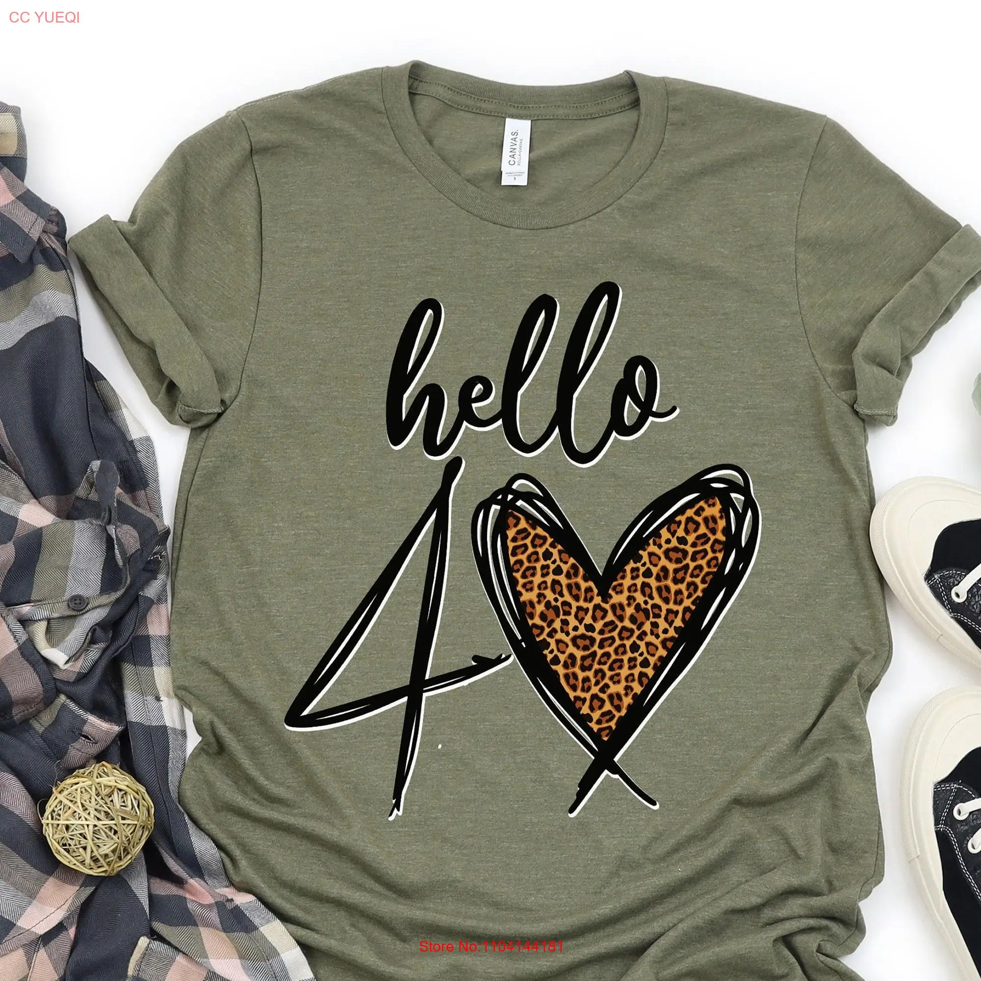 Hello 40 T Shirt Forty 40th Birthday Love Heart Leopard Print Turning Mom For Her Party Trip Bday  long or short sleeves