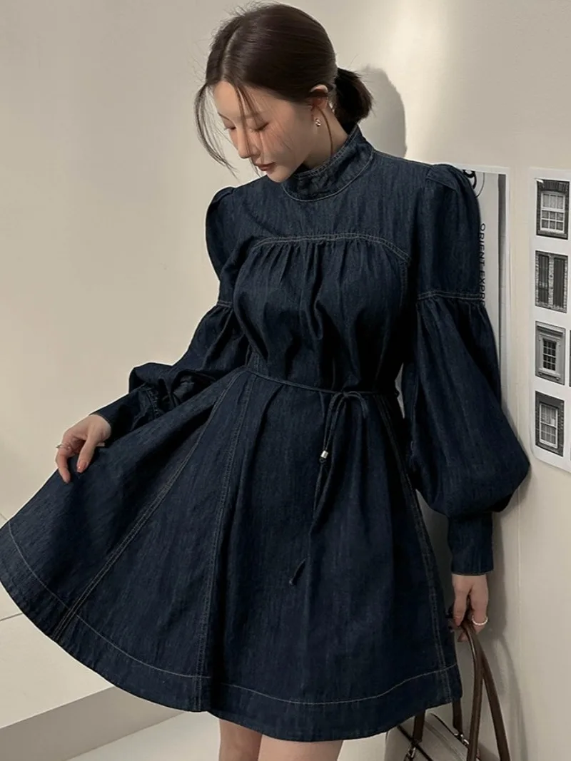 

Винтажное джинсовое платье с узлом, женская весенняя новая утягивающая юбка-фонарь Свек или Юго-Восточной Азии, повседневная длинная юбка...