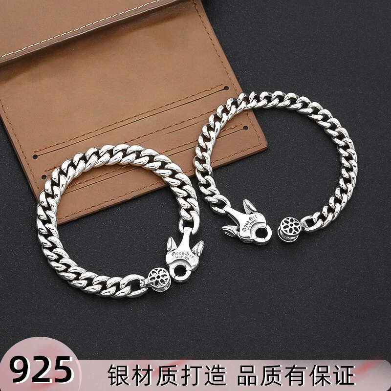 

Pure silver retro couple bracelet, simple and slim version, cherry blossom men's and women's trendy hip-hop high-end accessory