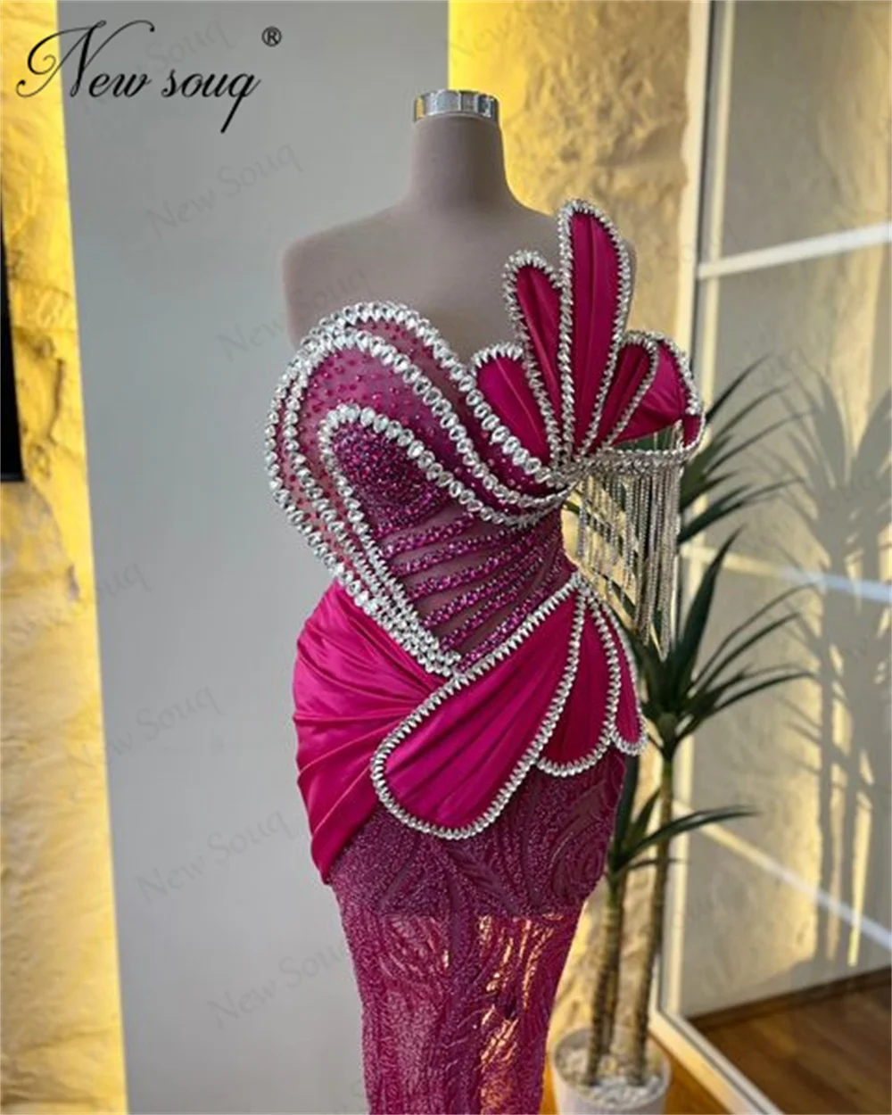 Fuchsia Perlen Abendkleider ASO Ebi Meerjungfrau Illusion Geburtstag Party Zweiter Empfang Kleid Roben Enegament Kleid für Abschlussball