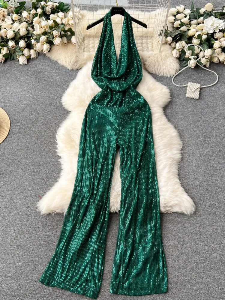 Fashion Luxury Green Sequin Jumpsuit for Women Sexy Backless Halter Wide Leg Rompers Lady Outfits 2024 Summer Office Workwear