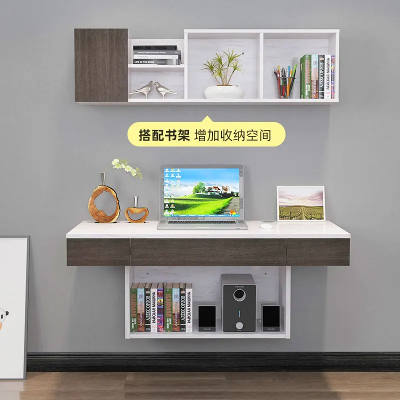 

Suspended wall-mounted desk bookshelf combination household bedroom wall computer desk small apartment single solid wood study t