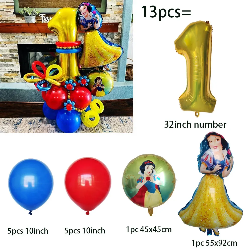 13pcs Disney Snow White Foil Balloons Girl Princess Birthday Party Decorations 32inch Gold Number Air Globos Kid Toys Supplies