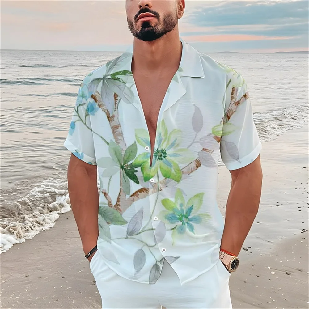 Blouses 3D Printed Beach Branch Pattern Shirt Man Casual Fashion Short Sleeves Shirts Button Lapel Oversized  Tops Clothes