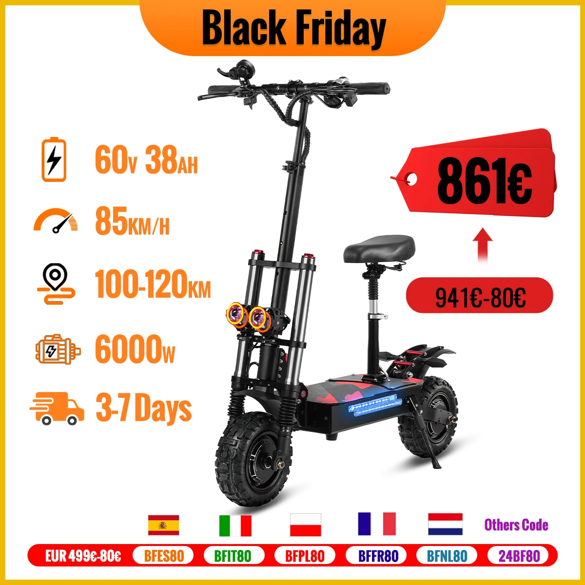 6000W Powerful Electric Scooter 60V 38Ah Max Speed 85km/h 100kmRange 11'' Tires Dual Shock Absorbing Folding EScooter for Adults