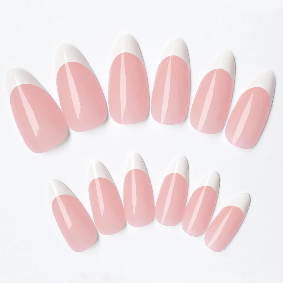 24 uñas postizas largas en forma de almendra, blancas, estilo francés, simples, de cobertura completa, desmontables 4