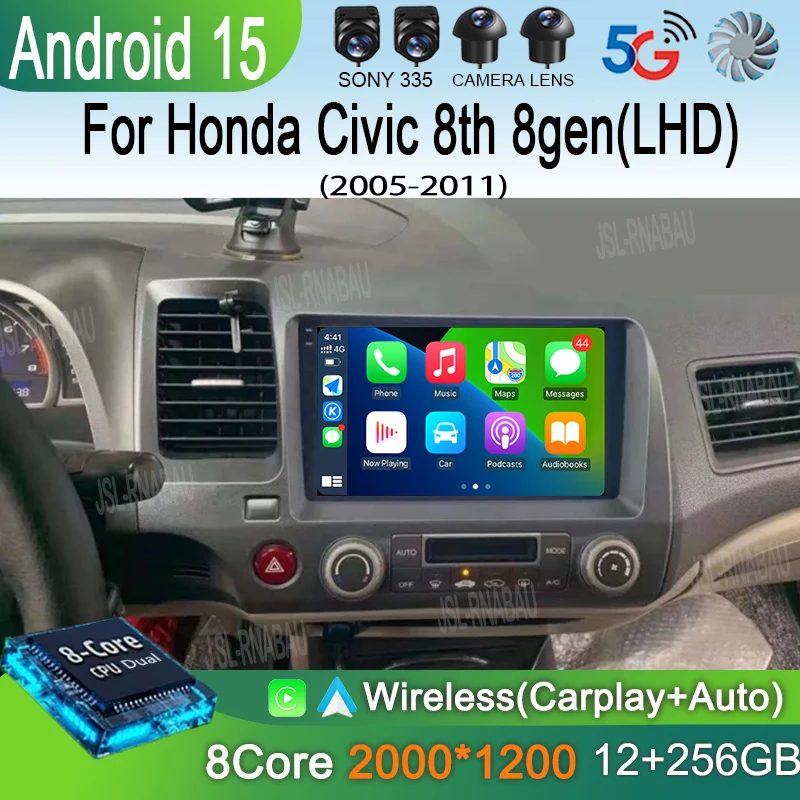 

Car stereo radio Android 15 For Honda Civic 8th 8gen 2005 2006 2007 2008 2009 2010 2011 multimedia wireless carplay android auto