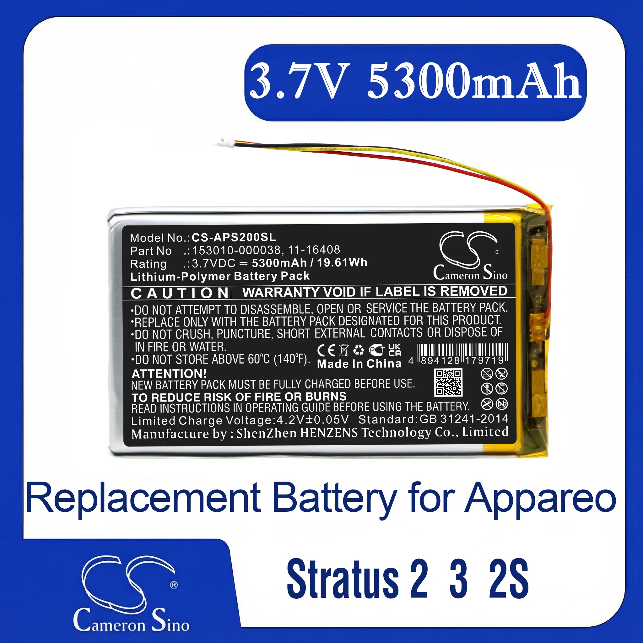 

Cameron Sino Replacement Battery for Appareo Stratus 2, Stratus 2S, Stratus 3, Fits P/N 11-16408,153010-000038