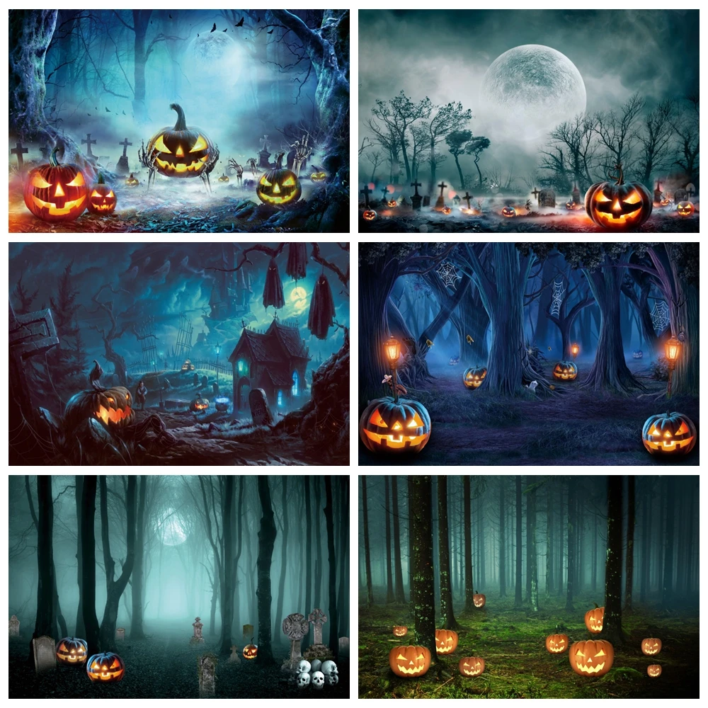 

Halloween Photography Backdrop Horror Night Moon Scary Misty Dark Forest Pumpkin All Saints' Day Party Photo Background Decor