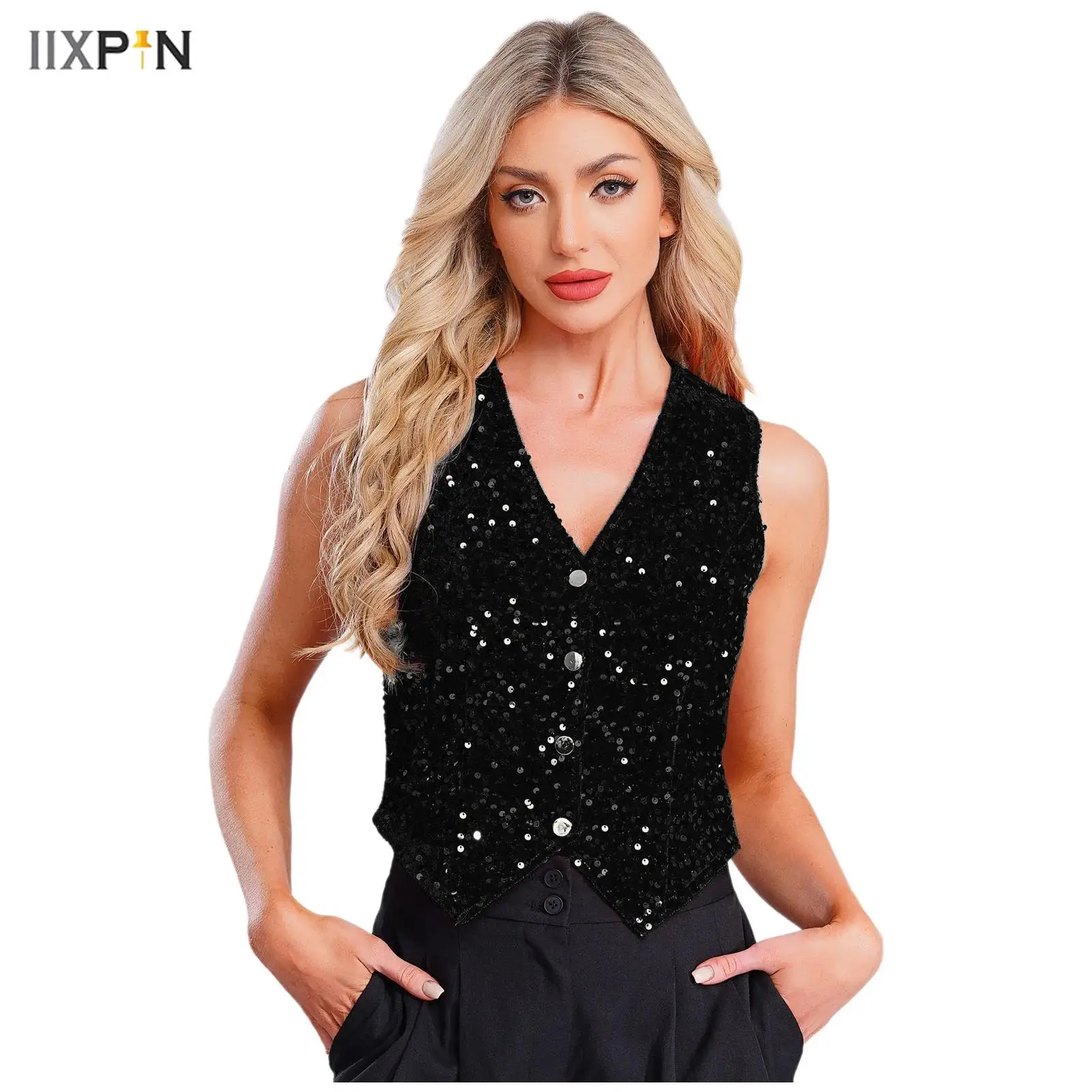 

Women Sparkly Sequin Party Vest Tops Fashion Solid Color V-neck Sleeveless Blazer Coat for Cocktail Party Banquet Nightclub