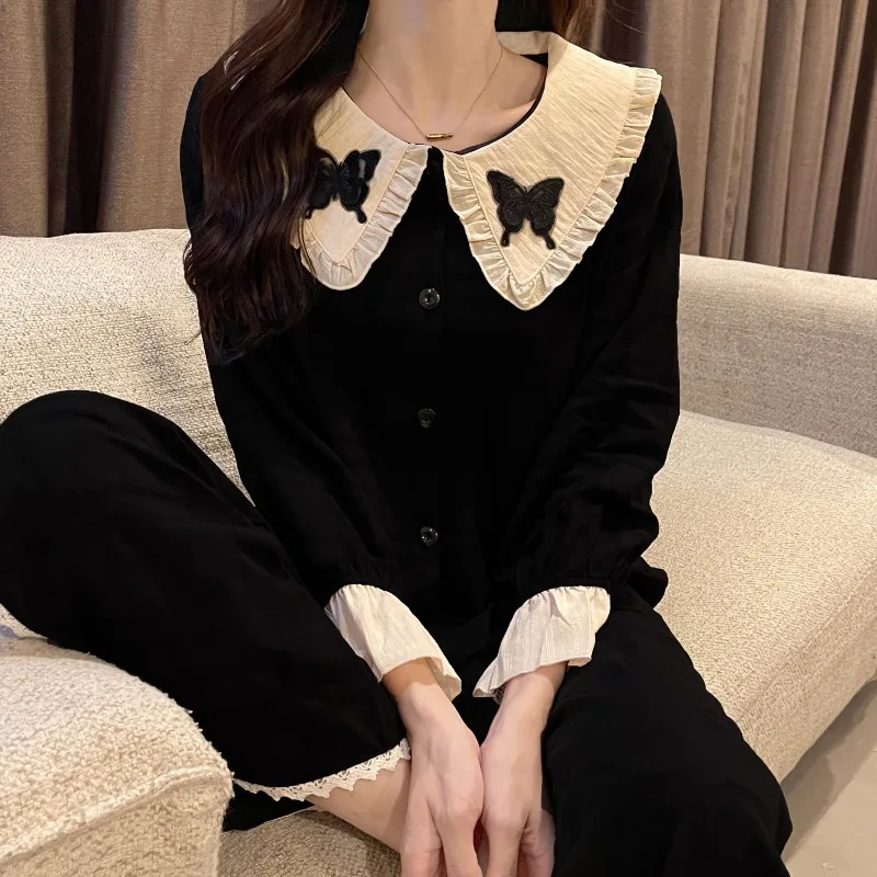 Casual Spring Autumn Summer Black Home Dress Pants Set Can Worn Outside  Sleepwear Simple Butterfly Long Sleeve Pajamas Women