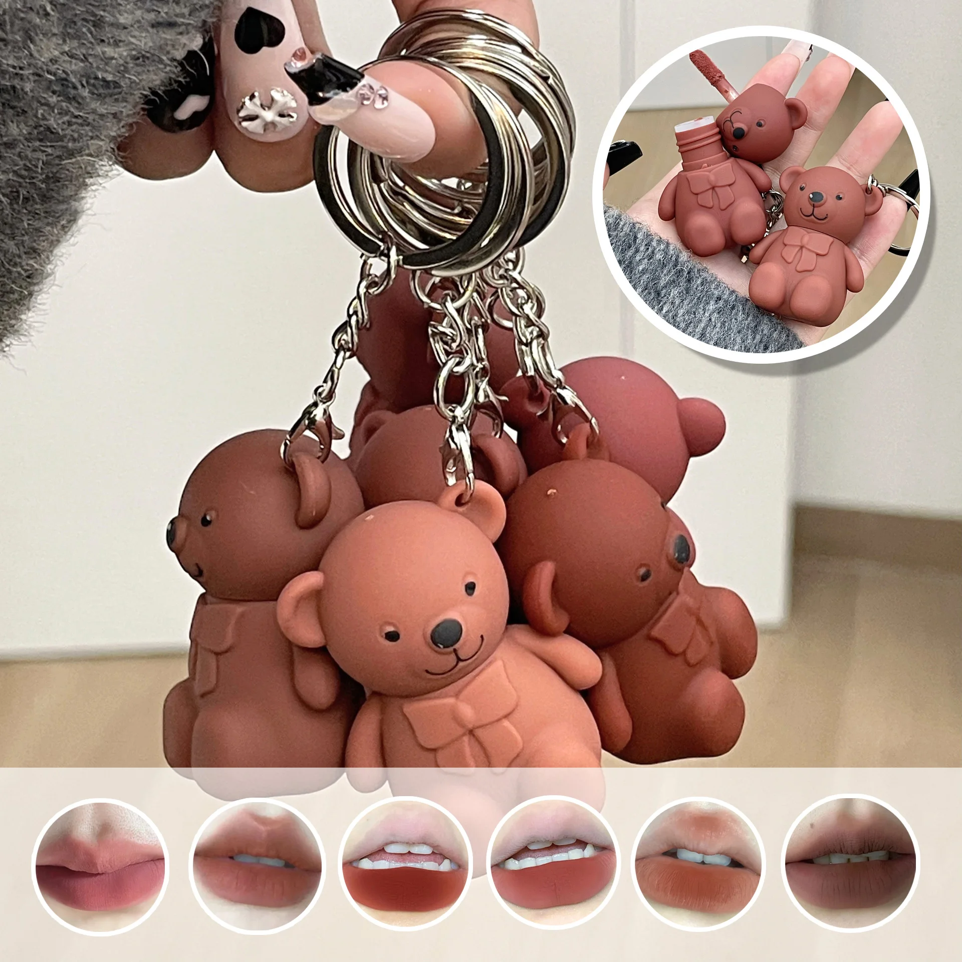 6 Color Cute Bear Matte Lip Mud Velvet Grey Pink Keychain Lipstick Waterproof Lasting Lip Glaze Cosmetics Portable Lip Gloss