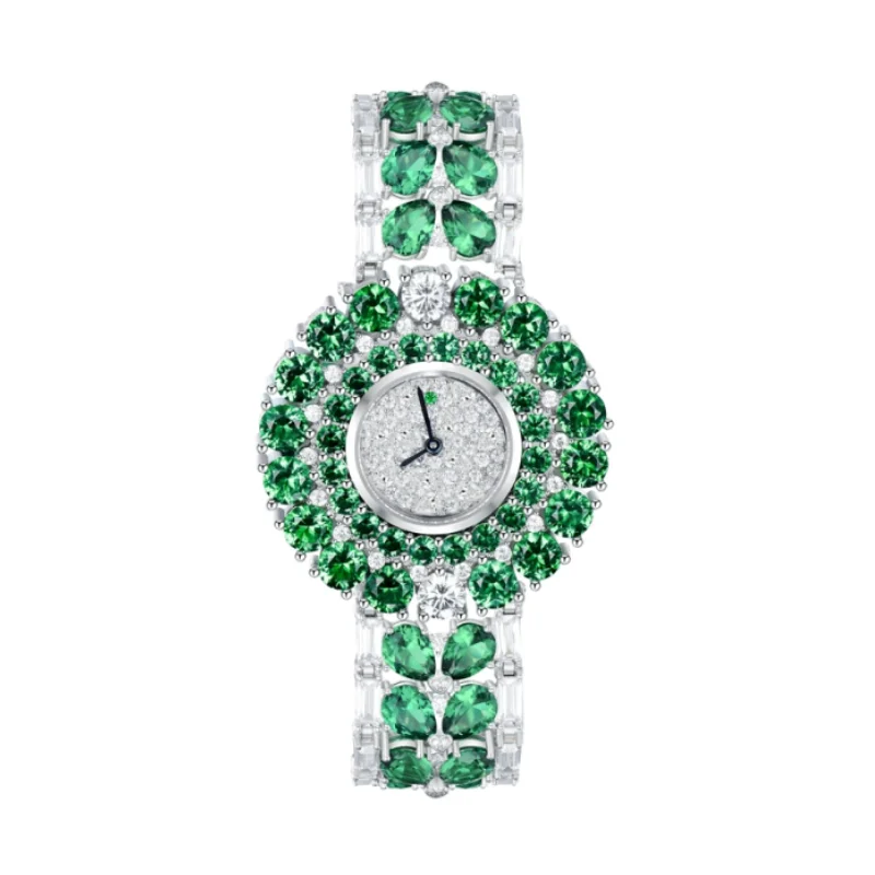 BELLUX Luxury Green Fashion Full Diamond Synthetic Zircon Emerald Gold Plated Fine Jewelry Watch