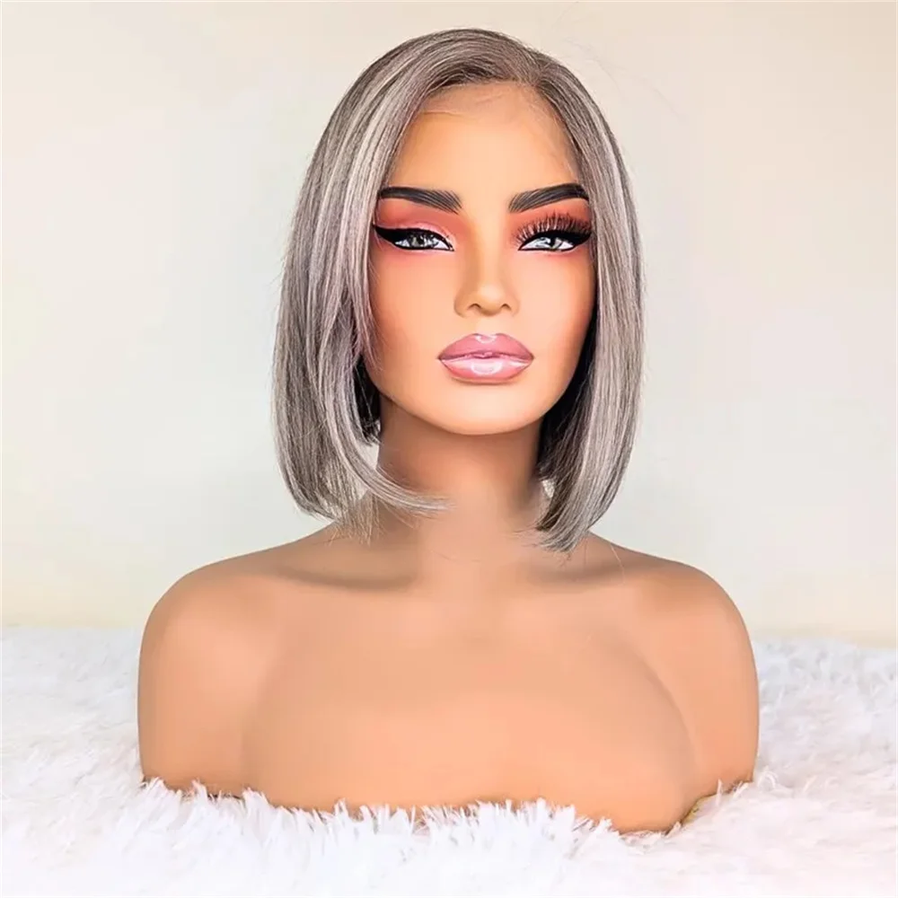 

Свободная часть парика на шнуровке, серебристо-серый пепельно-русый короткий боб, бесклеевой парик, парик из алопеции, высокотемпературные прямые волосы, идеи подарков для женщин