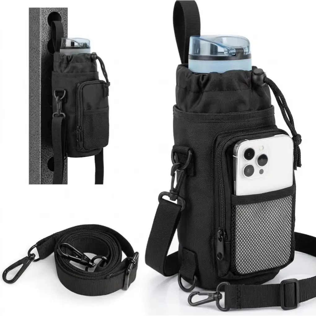 Magnetic Adsorption Water Bottle Holder, Durable Adjustable Strap Gym Outdoor Sling Bag Multi-Pocket Fits 10-46oz Bottles for Me
