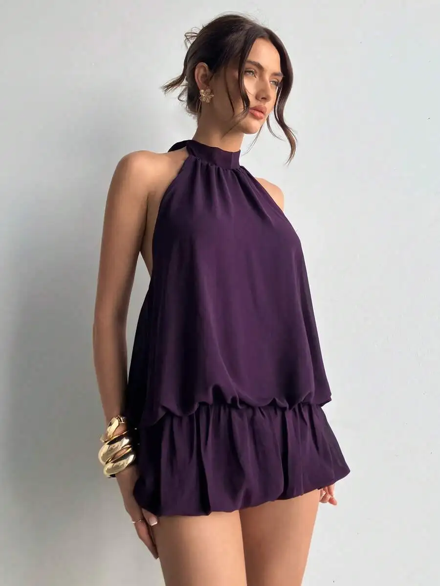 Mouwloze mini-jurk met halterhals en ruches aan de zoom voor dames voor zomerfeesten, paars