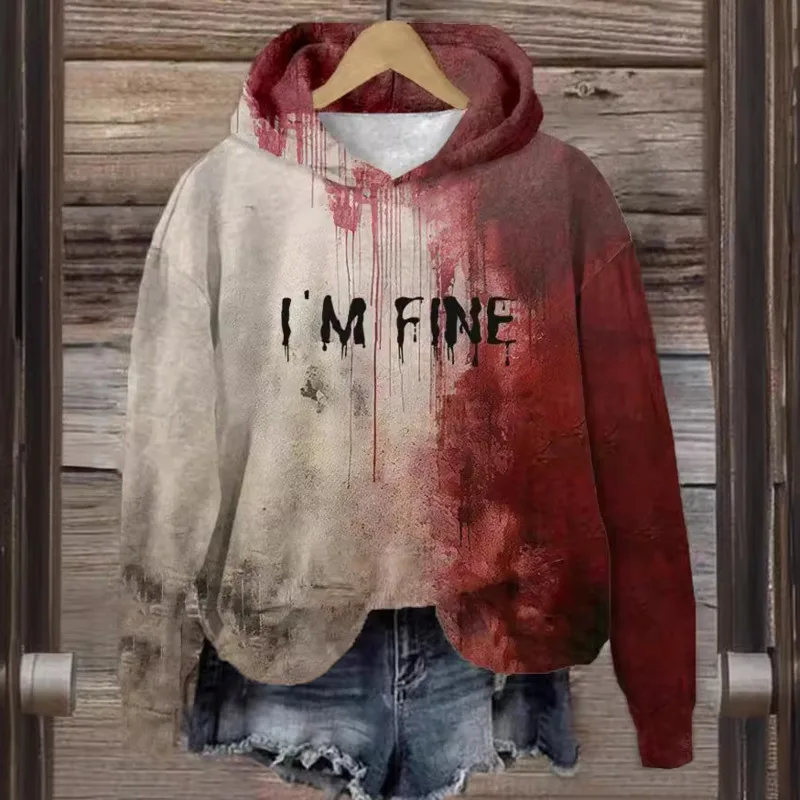 Problem S Gothic Street Y2K Sweatshirt Hoodie Halloween  I Am Fine Autumn Trendy Loose Bloody O-Neck Unisex Hoodie Couple Top