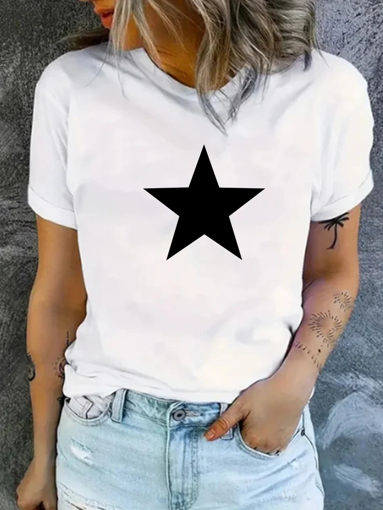 

Women Retro Korean Star T Shirt Print Crew Neck Loose Tees Black Short Sleeve Summer 90s Sweet Graphic Vacation Chic Clothing