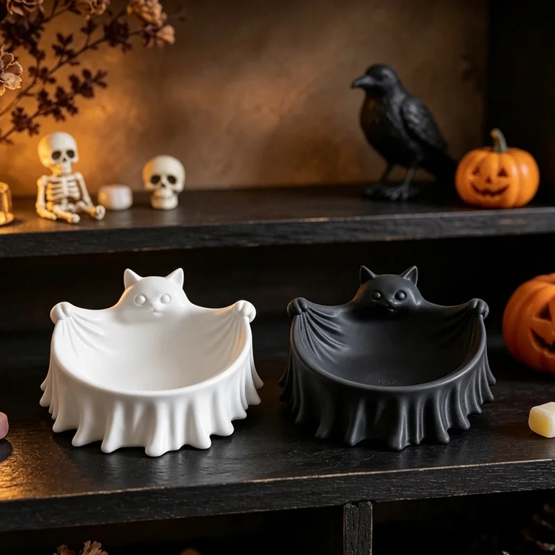 3D Printed Ghost Cat Candy Bowl Bat Cloak Kitten Storage Bowl Gothic Halloween Snack Dish Holiday Desktop Key Candy Holder