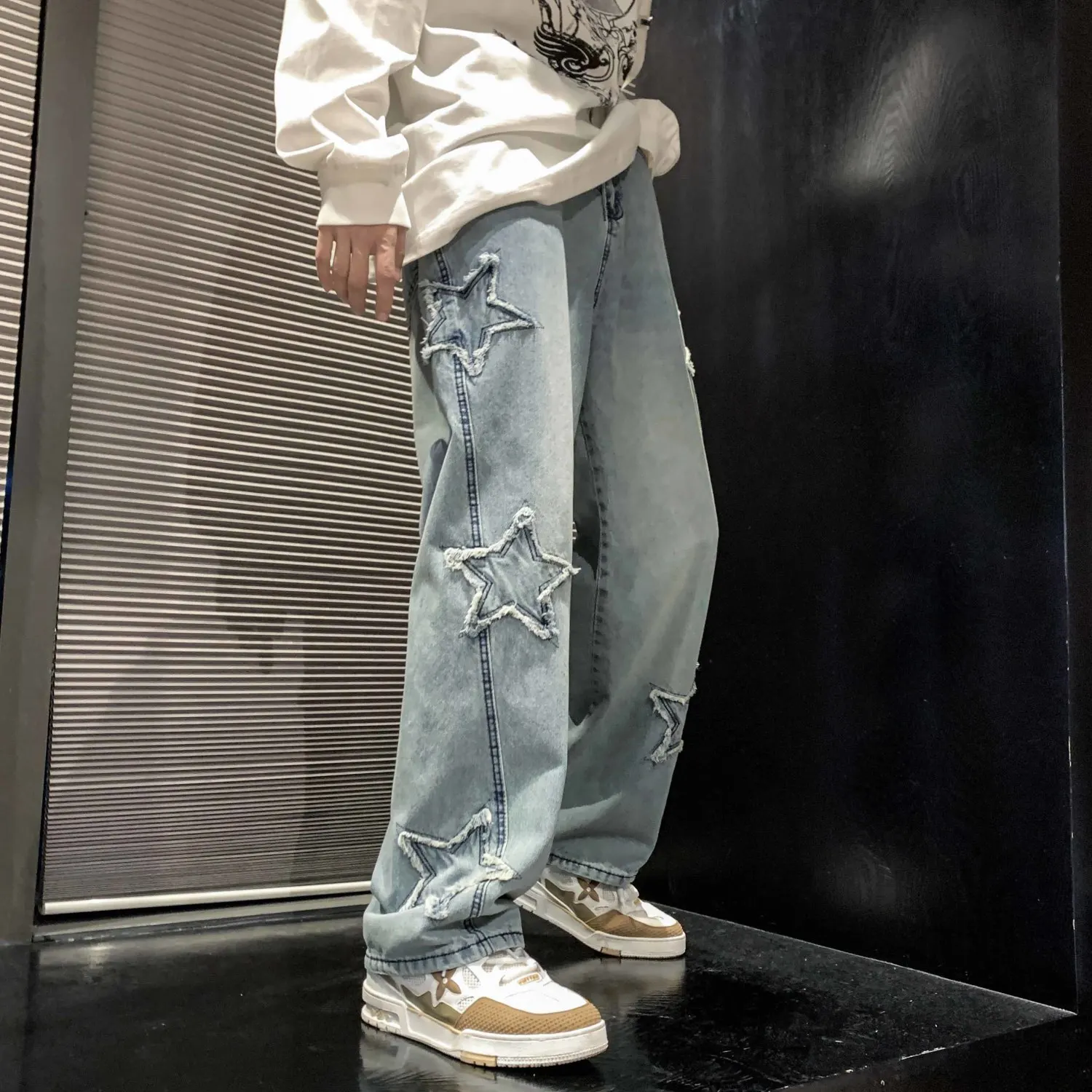 American street fashion jeans a gamba dritta personalizzati per uomo e donna autunno hip-hop micro corno pantaloni casual larghi a gamba larga