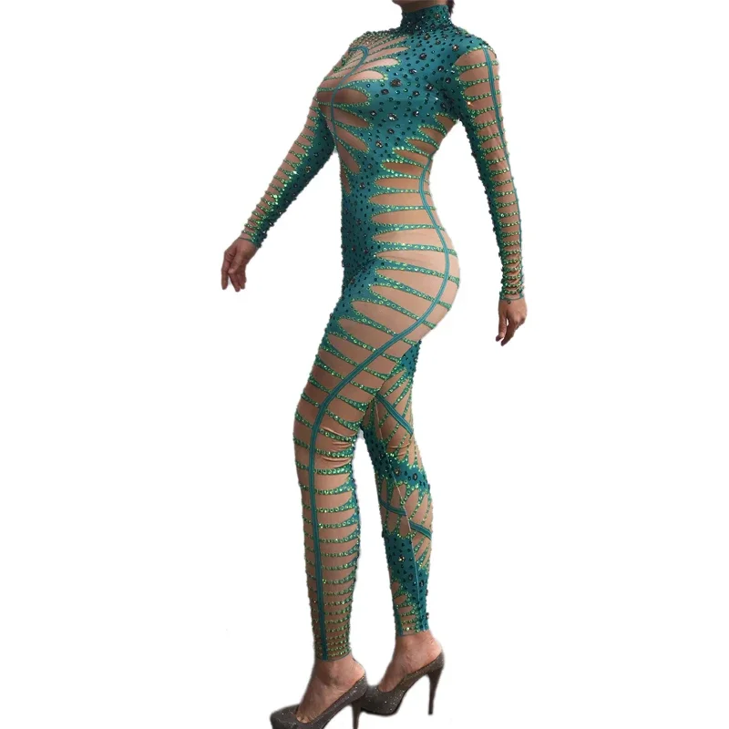 

Green Leaf Diamond Jumpsuit One Piece Trousers Skinny Rhinestones bodysuit Stage Pole Dance Leotards Gogo Costume Rave Outfit