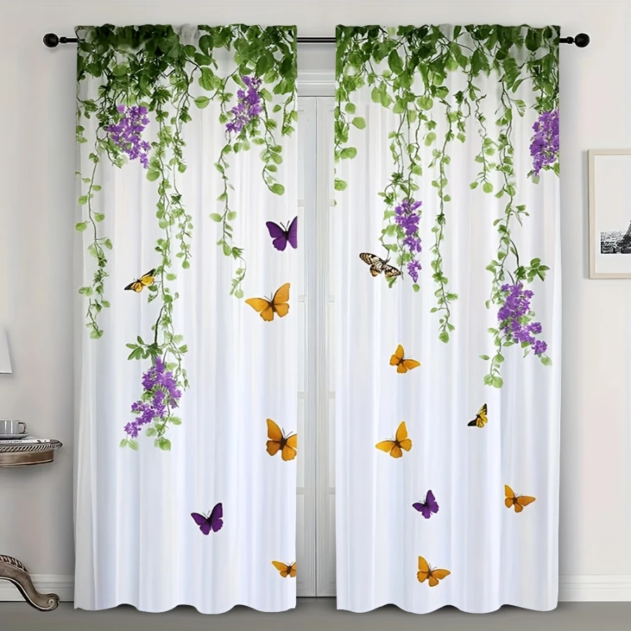2PCS Digital Print Curtains, Purple Wisteria Dancing Butterflies, Elegant Floral Vine Decor Romantic Flying Insect Garden Drapes
