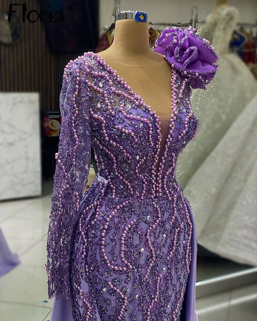 2 in 1 Purple Evening Dress With Detachable 5D Flower Long Sleeve Formal Celebrity Dresses Deep V Neck Dubai Vestidos De Noche