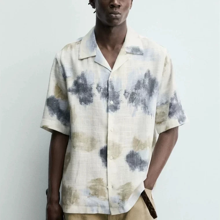 

Summer 2026 Men's Casual Loose Abstract Print Short Sleeve Shirt New Arrival Comfortable Fit Cuban Collar Open Cardigan Style