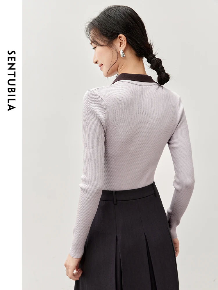 SENTUBILA Women Slim Fit Spliced Pullovers   2024 Spring Autumn Fashion Knitted Long Sleeve Comt Sweater W43E56074