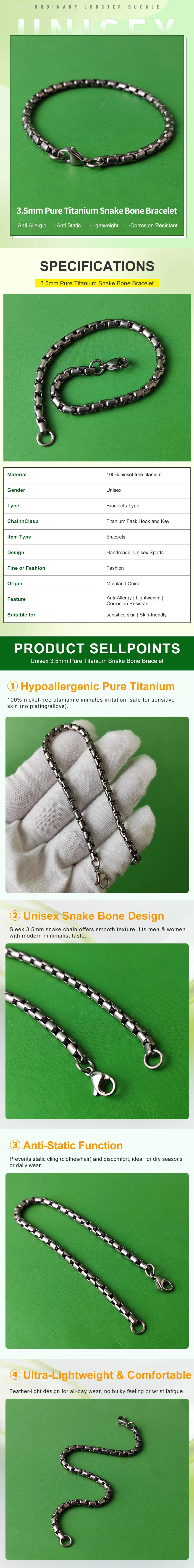 Unisex 3.5mm Pure Titanium Snake Bone Bracelet - Anti Allergic Anti Static Lightweight Corrosion Resistant