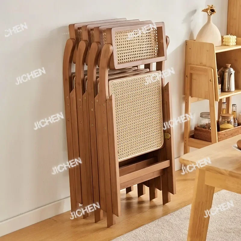 

HSrattan folding dining chair back chair simple homestay solid wood home living room stool casual back restaurant chair