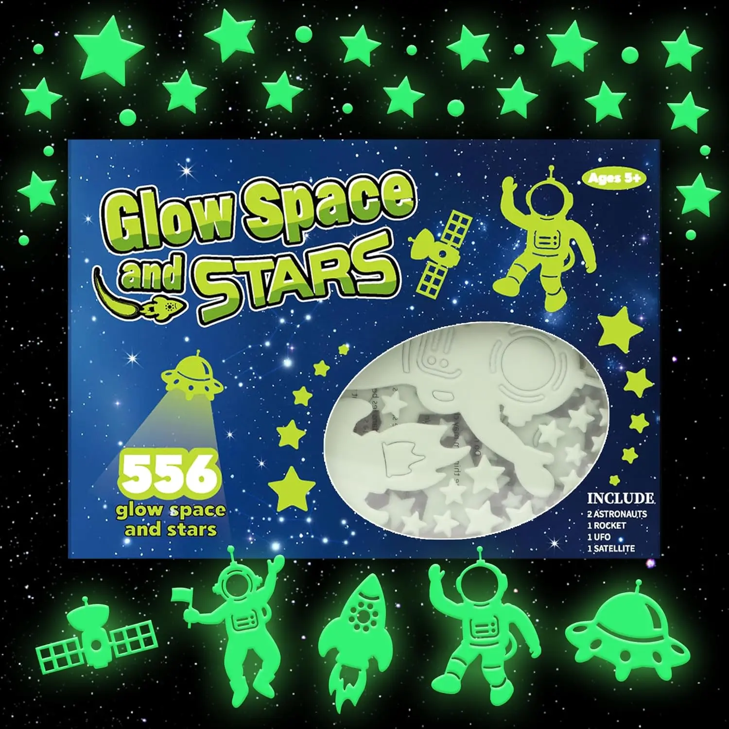 556PCS Glow in The Dark Stars for Ceiling, 3D Glow in The Dark Space Galaxy Stickers Astronaut Rocket Planet Dots Stars
