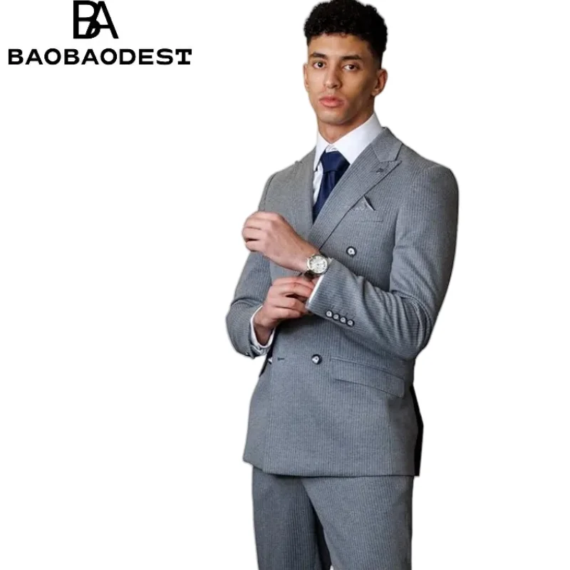 

Men's Gray Striped Slim Fit Suit 2-Piece Set - Lightweight Spring Summer Business Wedding Formal Outfit (Custom Tailored)