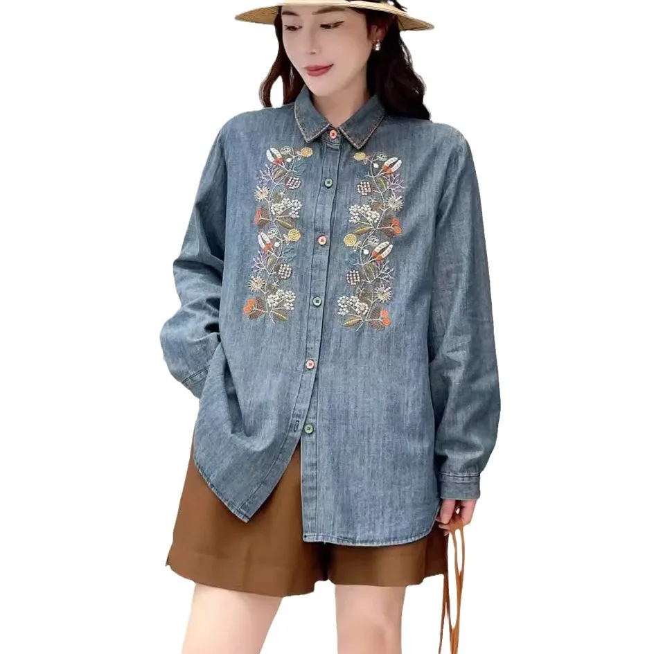 New Summer Cotton Long Sleeve Denim Shirt, Woman Lapel Embroidery Tops, Mori Girl Retro Sweet Loose Blouses, 2024 Fall T47698QC